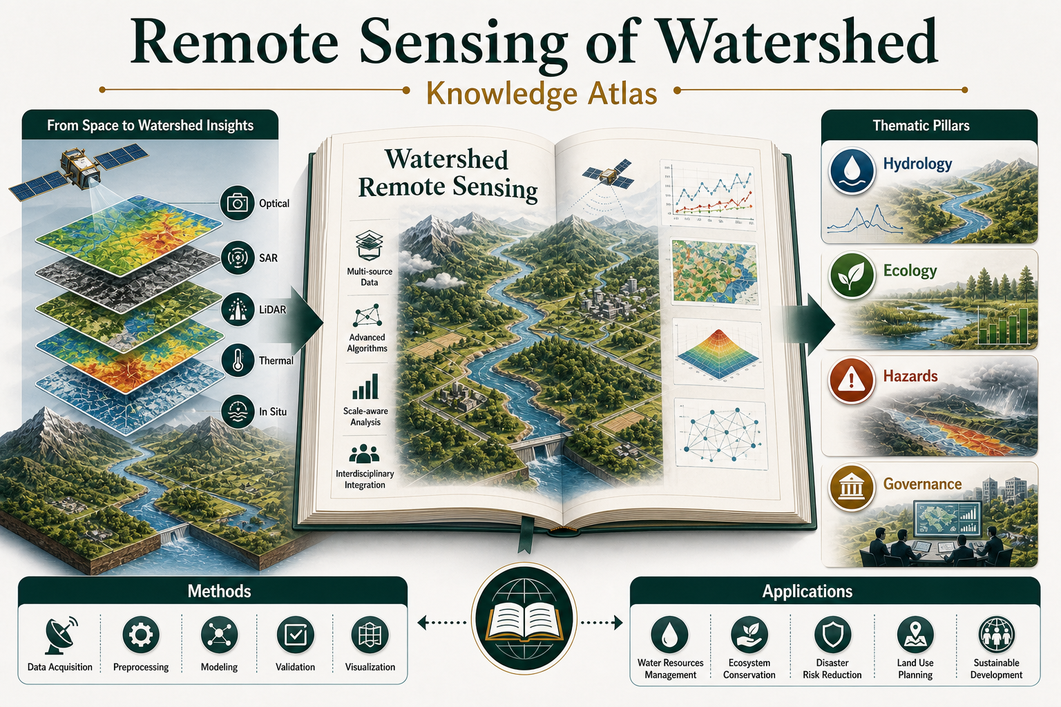 将《Remote Sensing of Watershed》呈现为流域遥感知识图谱的概念海报